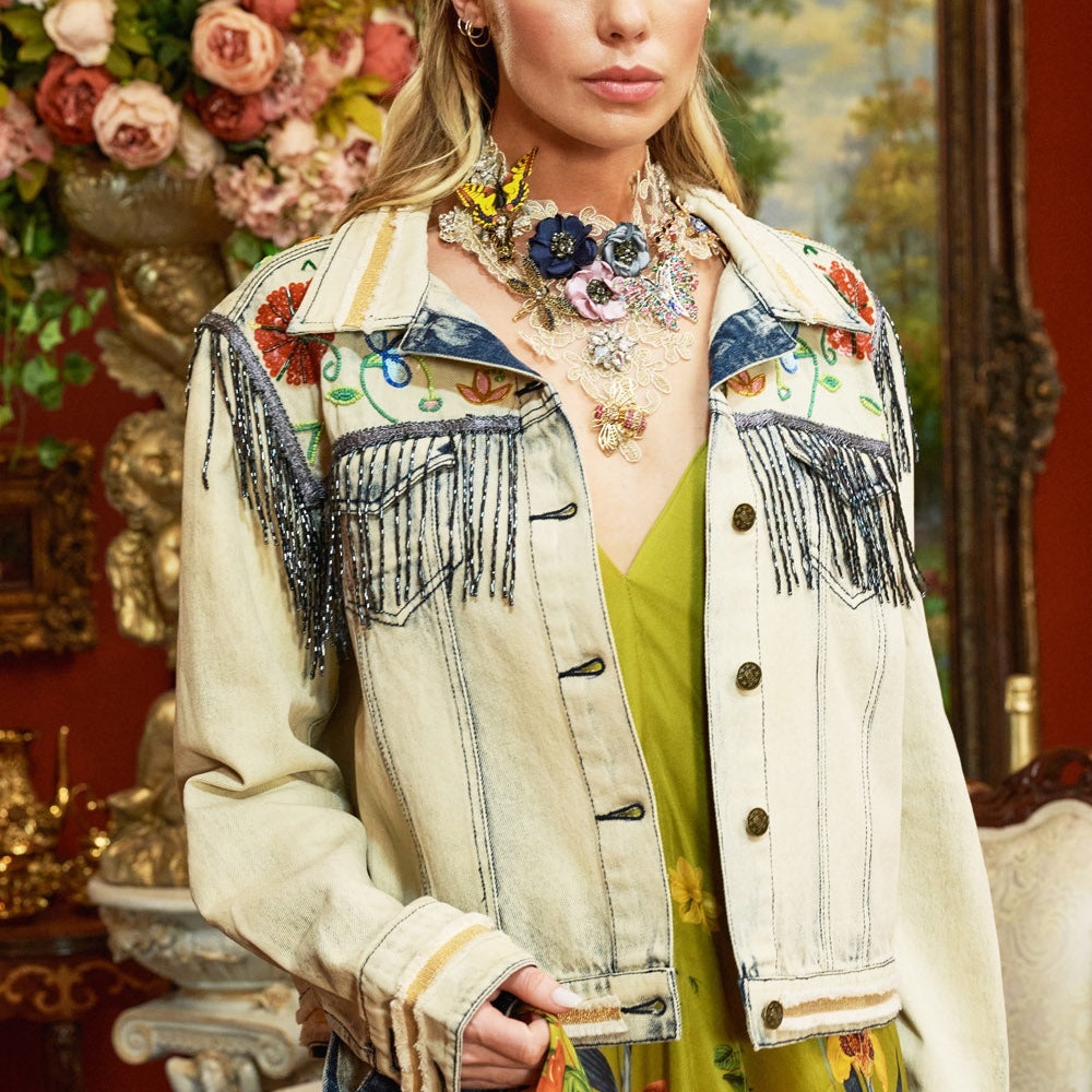 Aratta Cream Embroidered Jean Jacket with Silver Fringe